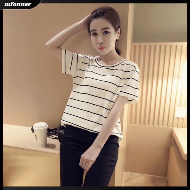 Áo Thun Tay Ngắn Dáng Rộng Họa Tiết Kẻ Sọc Thời Trang Cho Nữ