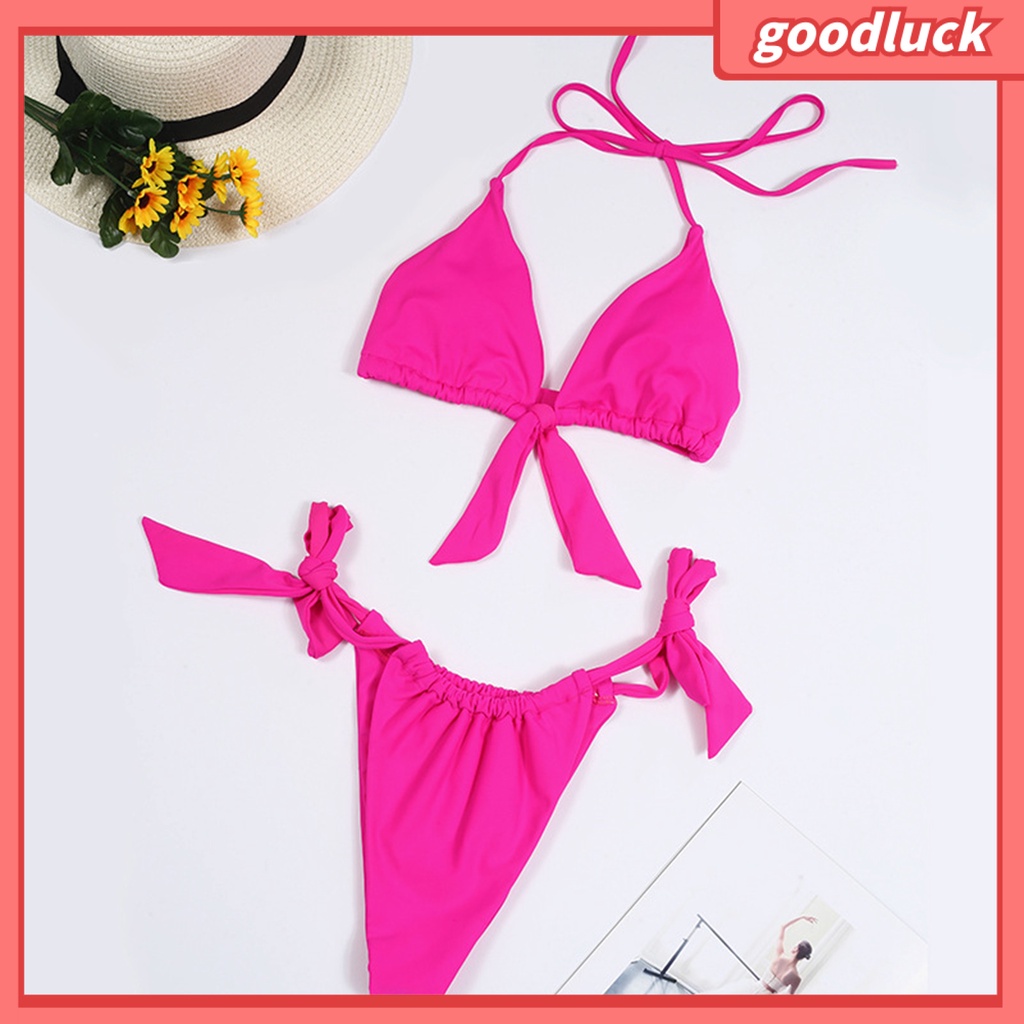 Bộ Đồ Bơi Bikini Hai Mảnh Màu Trơn Lưng Cao Có Đệm Ngực Và Dây Cột Dành Cho Nữ