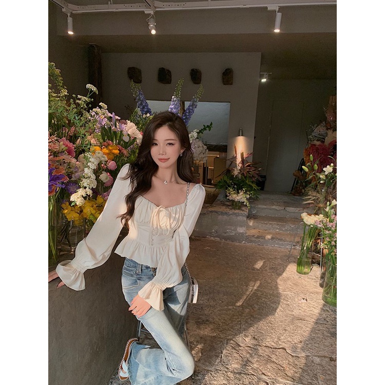 Áo Sơ Mi Cổ Vuông Phong Cách Pháp Thời Trang Xuân Hè 2023 Mới Cho Nữ