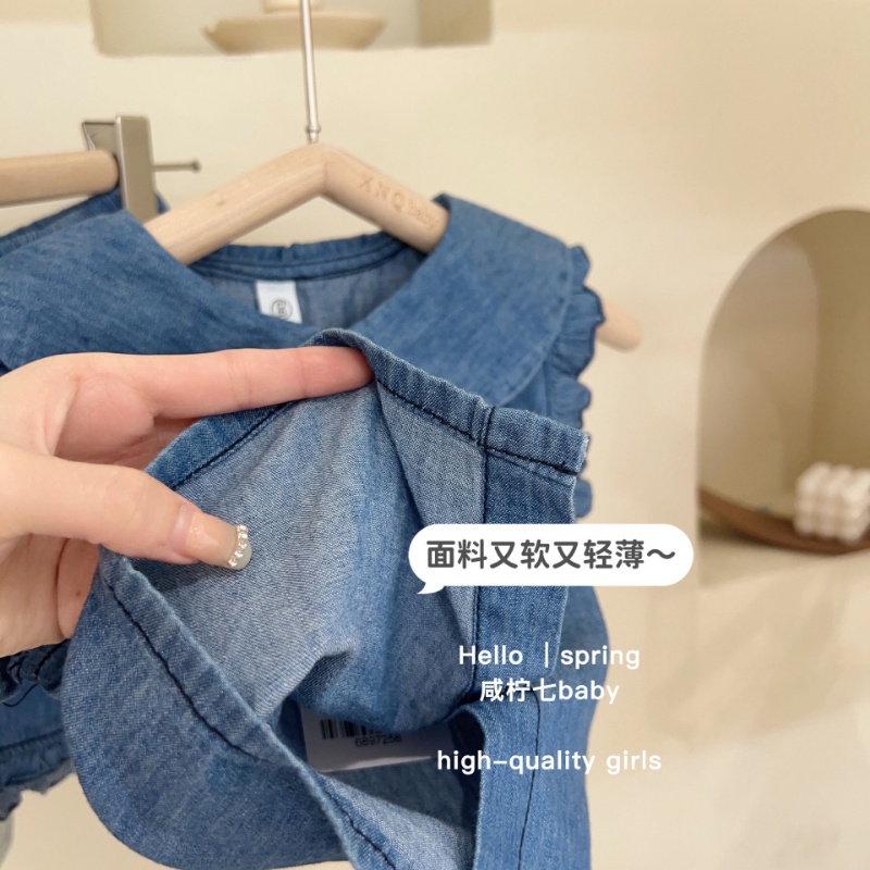 Bộ Áo Sơ Mi + Quần Short Denim Không Tay Thời Trang Mùa Hè Hàn Quốc 2023 Dành Cho Bé Gái