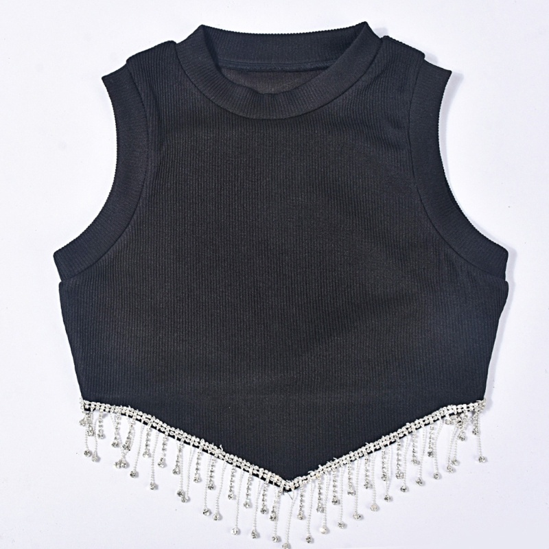 Áo Croptop Sát Nách Phối Tua Rua Đính Đá Phong Cách Đường Phố Cho Nữ Y2k