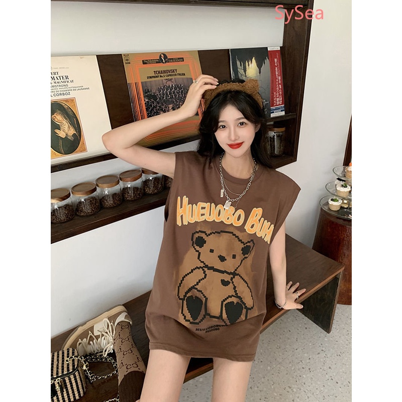 Áo Hai Dây Dáng Rộng Họa Tiết Gấu Hoạt Hình Thời Trang Mùa Hè