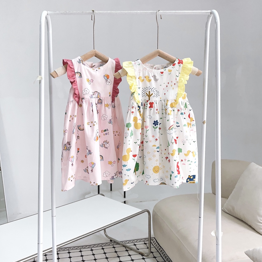 Váy bé gái sát nách phối bèo hoạ tiết dâu, kì lân, vịt vàng