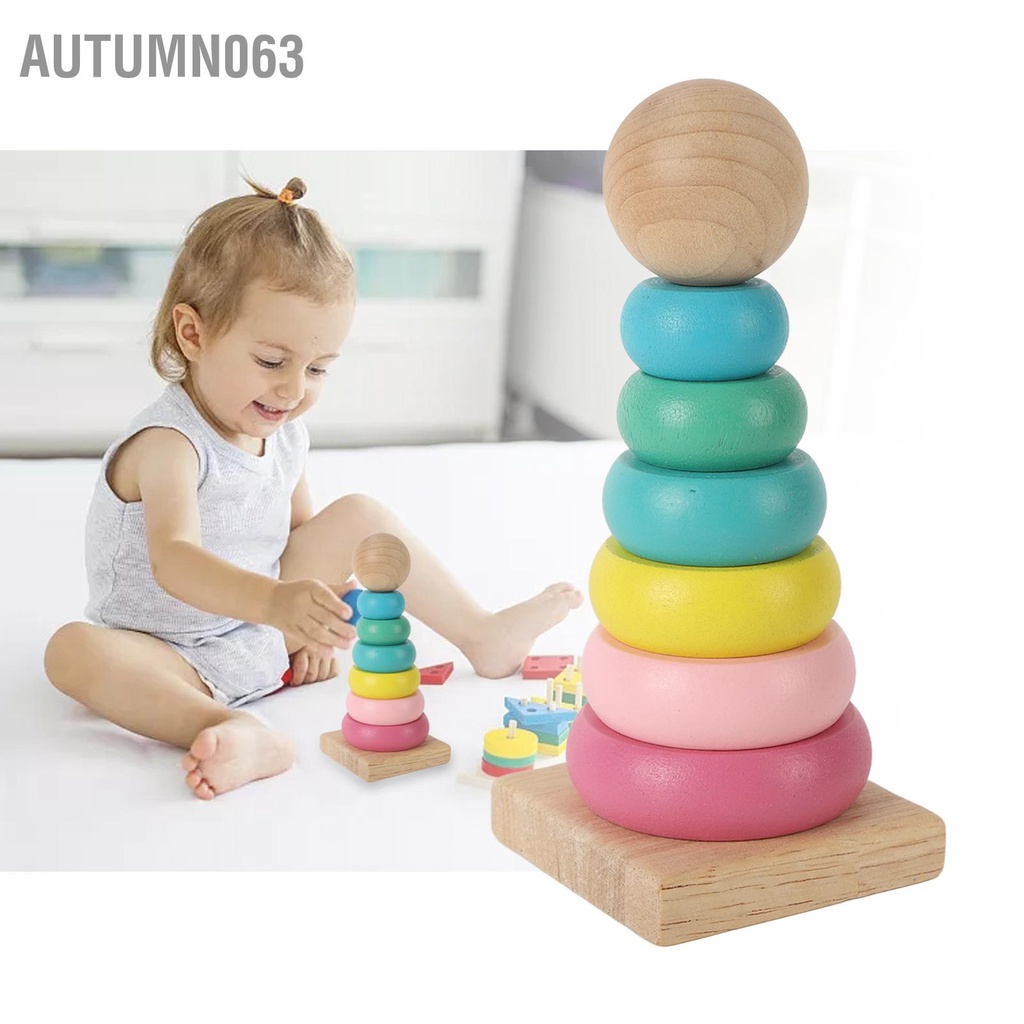 Autumn063 Đồ chơi vòng tròn xếp chồng bằng gỗ Giáo dục đầy màu sắc cho trẻ sơ sinh và mới biết đi