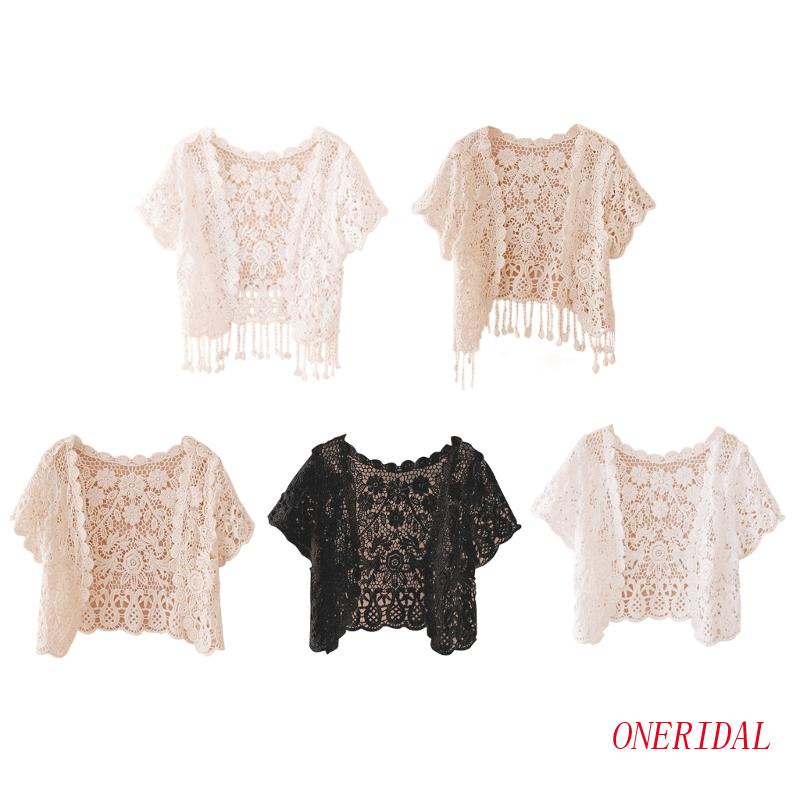 Áo Khoác Cardigan Tay Ngắn Phối Ren Tua Rua Thời Trang Đi Biển Mùa Hè Cho Nữ