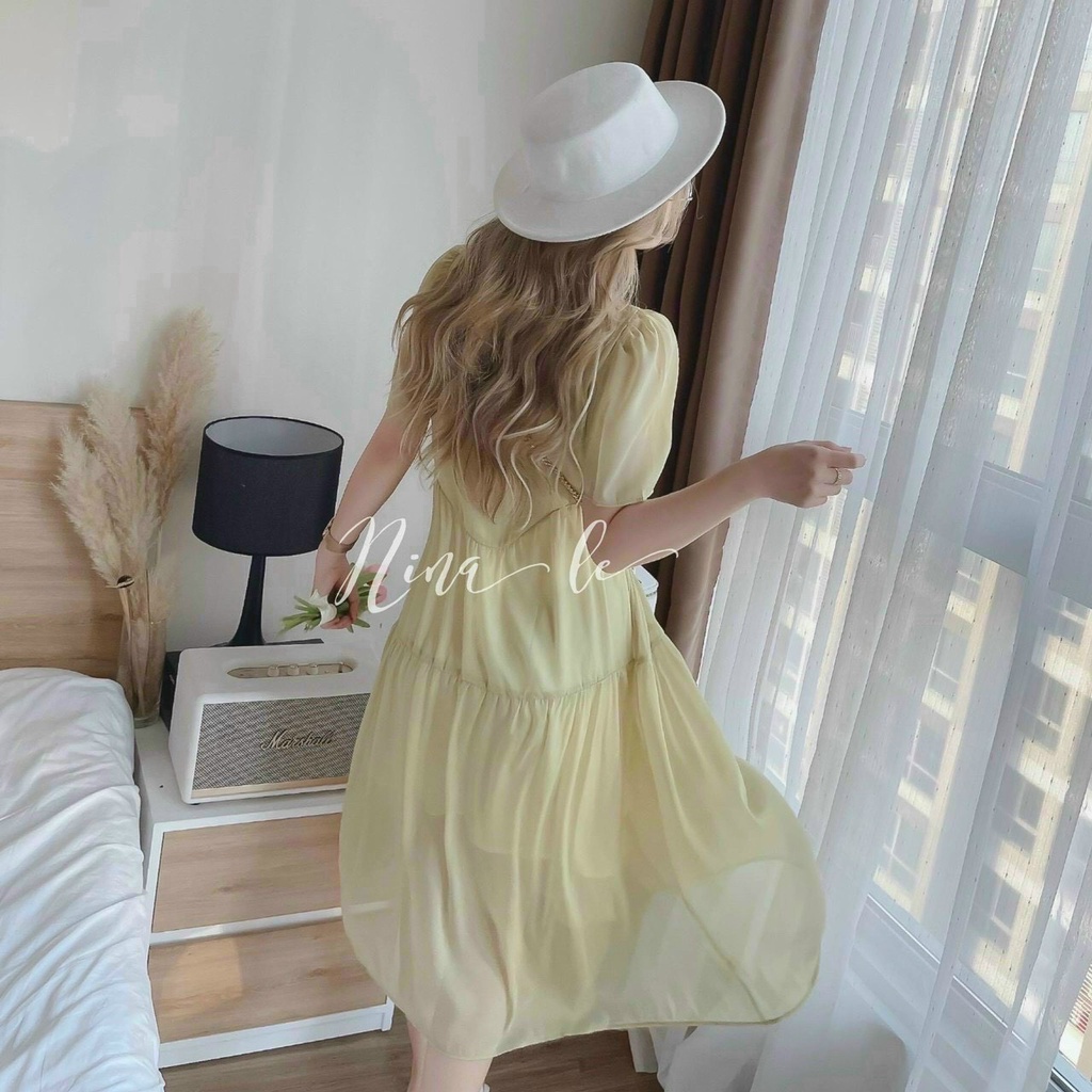 Đầm Váy Nữ Chất Tơ Ánh Kim Kèm Lót Sẹc Cổ Tròn Dáng Suông 2 Lớp Đính Cúc Thời Trang Kiểu C