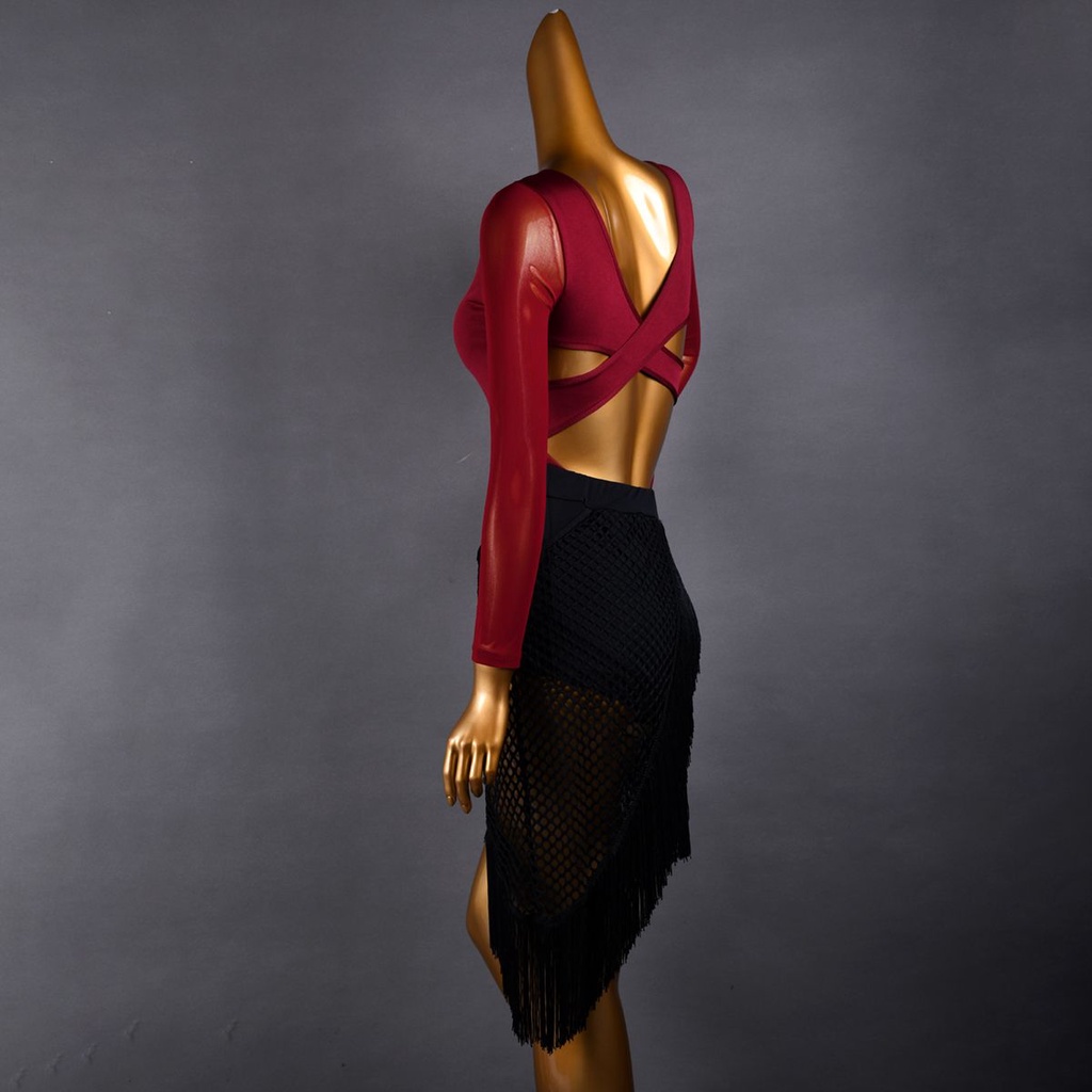 Áo Denim Khiêu Vũ Latin 2021 Tay Dài Cổ Chữ v Màu Đen Dành Cho Nữ