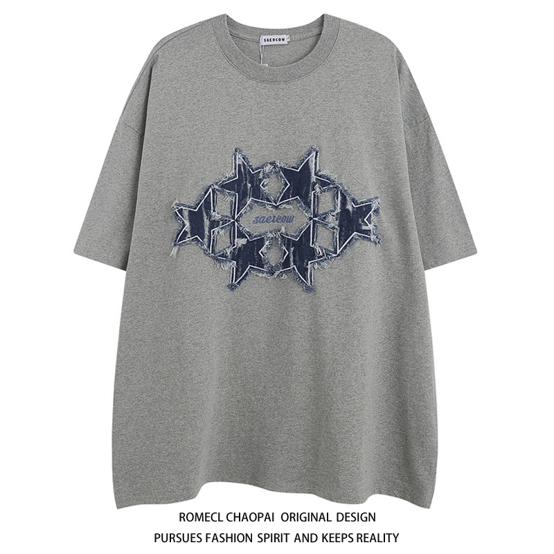 Áo Thun Denim Tay Ngắn Dáng Rộng Thêu Hình Ngôi Sao Phong Cách Harajuku Hàn Quốc Thời Trang Mùa Hè Cho Nam Và Nữ