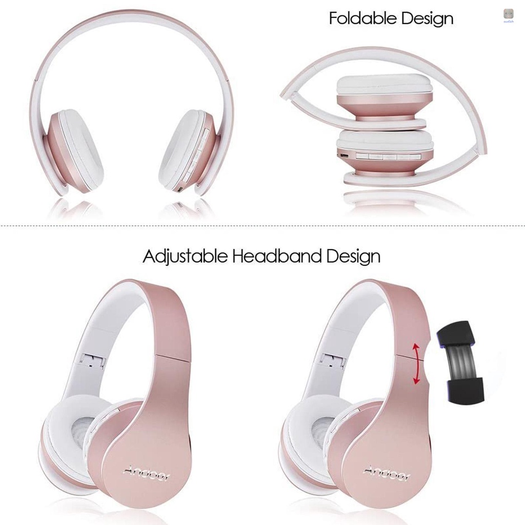 Tai Nghe Chụp Tai Andoer Bluetooth Không Dây Jack 3.5mm Có Thể Gập Lại Hỗ Trợ Thẻ TF Đài FM Cho Điện Thoại Máy Tính Bảng Laptop (Màu Vàng Hồng)