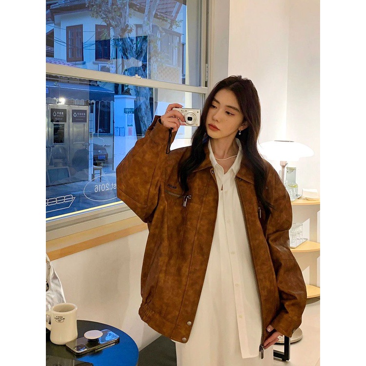 Áo Khoác Bóng Chày Da PU Dáng Ngắn Màu Nâu Cỡ Nhỏ Phong Cách Cổ Điển Thời Trang Xuân Thu Cho Nữ