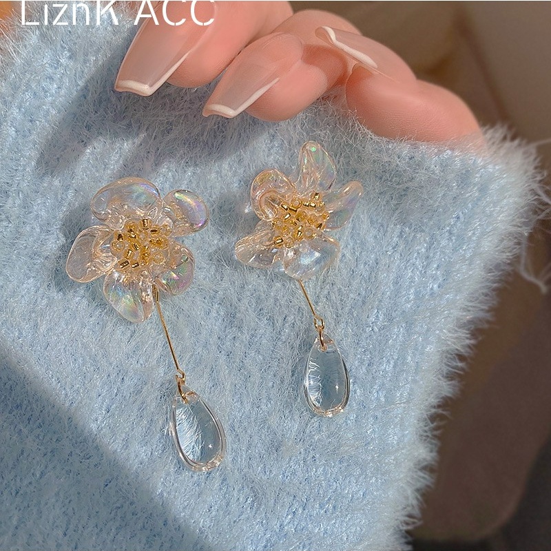 Bông Tai Mạ Bạc 925 Hình Giọt Nước Đính Hoa / Giọt Nước Phối Tua Rua Thời Trang Cho Nữ