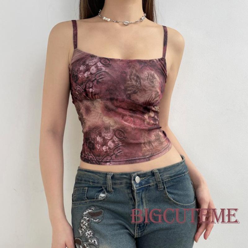 Áo Hai Dây Sát Nách Phối Lưới In Họa Tiết Vintage Thời Trang Mùa Hè Cho Nữ