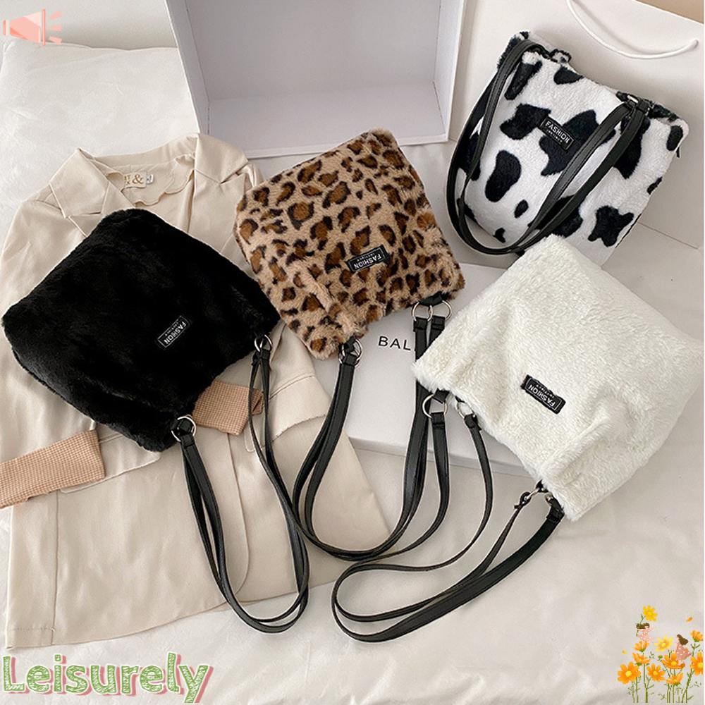 Túi Tote Đeo Chéo Phủ Lông Mềm In Họa Tiết Da Báo Thời Trang Mùa Đông Cho Nữ