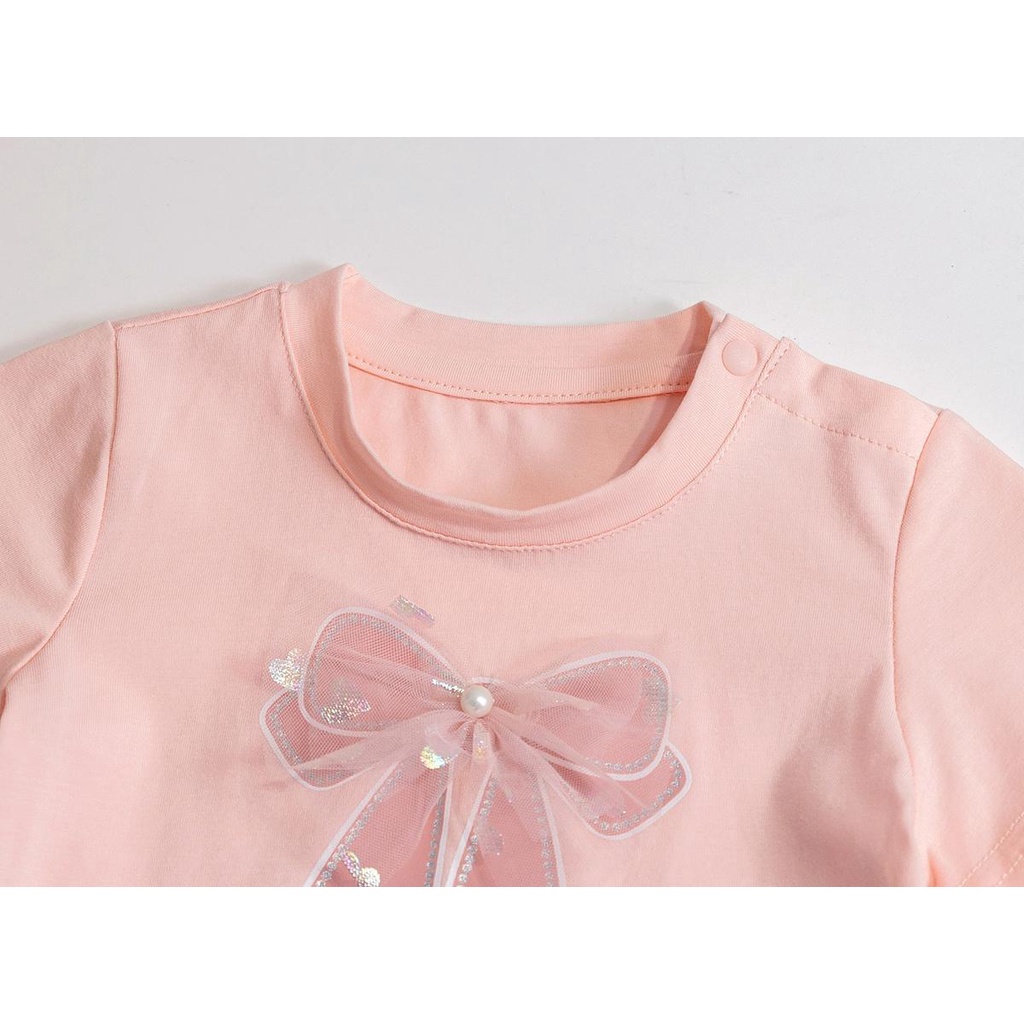 Áo Thun Tay Ngắn 90-140cm Phối Nơ Màu Sắc Ngọt Ngào Thời Trang Cho Bé Gái