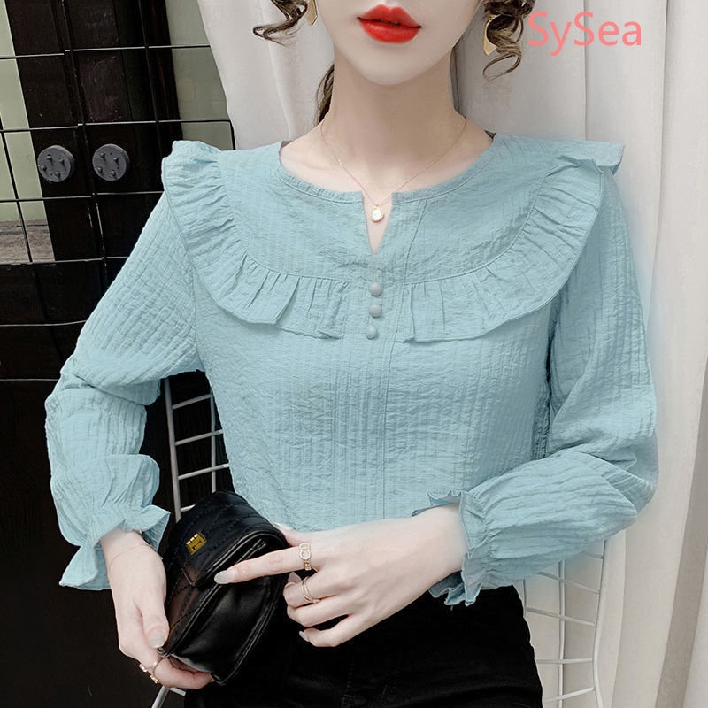 Áo Kiểu Tay Dài Phối Ren Phong Cách Pháp Thanh Lịch Cho Nữ