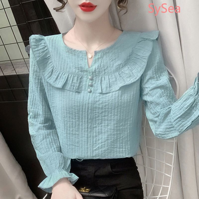 Áo Kiểu Tay Dài Phối Ren Phong Cách Pháp Thanh Lịch Cho Nữ