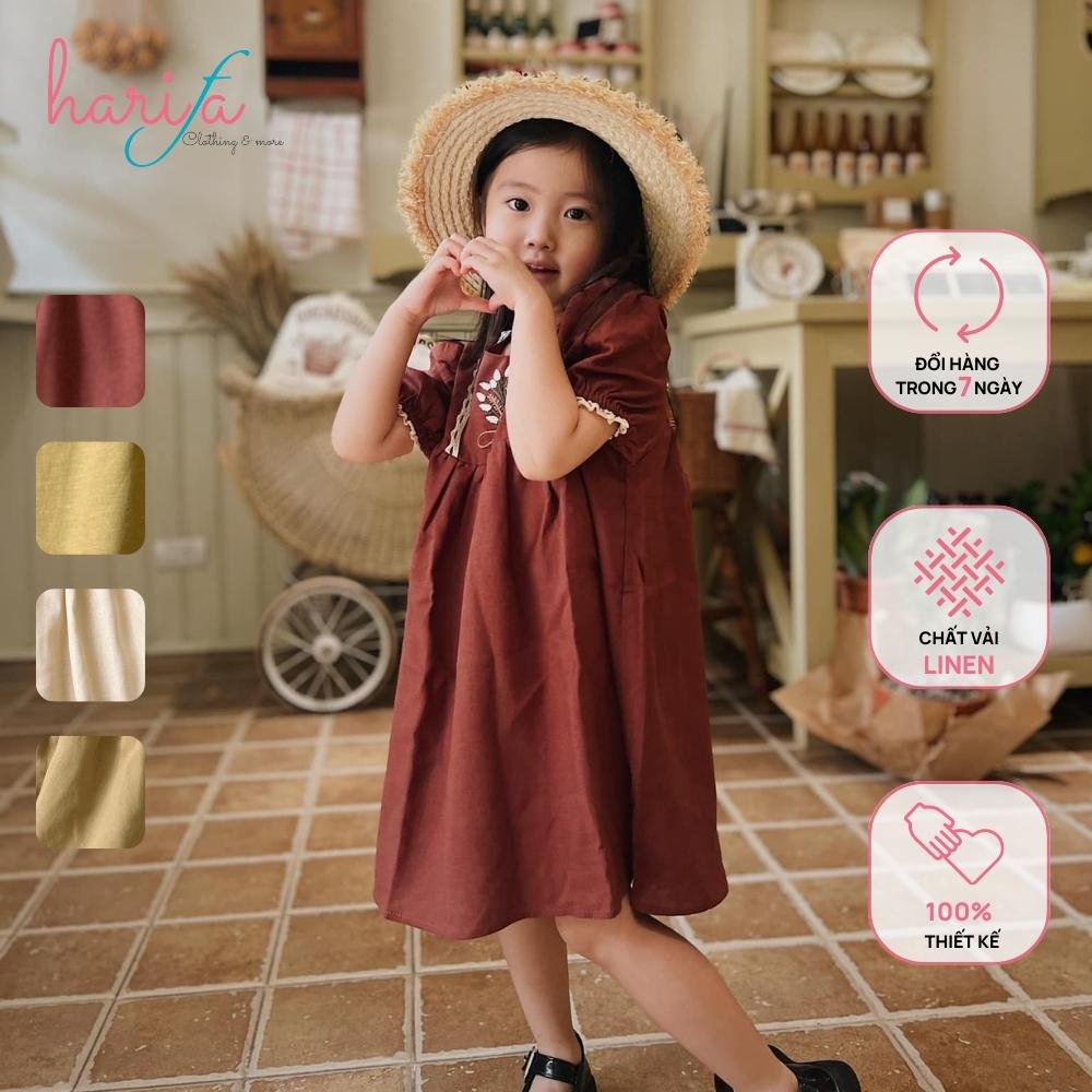 Váy đầm tay chun cho bé gái hè 2023 - phong cách Hàn Quốc - thêu hoa thủ công - vải Linen - từ 1 đến 6 tuổi - VT032