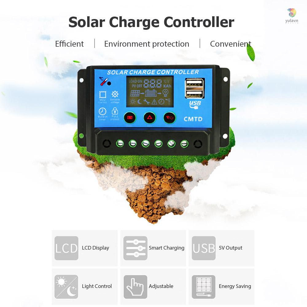 Bộ Điều Khiển Sạc Năng Lượng Mặt Trời Hai Cổng USB 20A 12 / 24V Màn Hình LCD