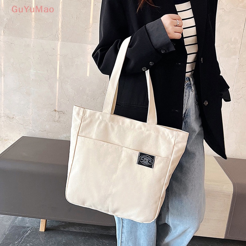 [cxGUYU] Túi Tote Xách Tay Đeo Vai Bằng Vải Bạt Cotton Sức Chứa Lớn Màu Trơn Tái Sử Dụng Được Cho Nữ PRTA