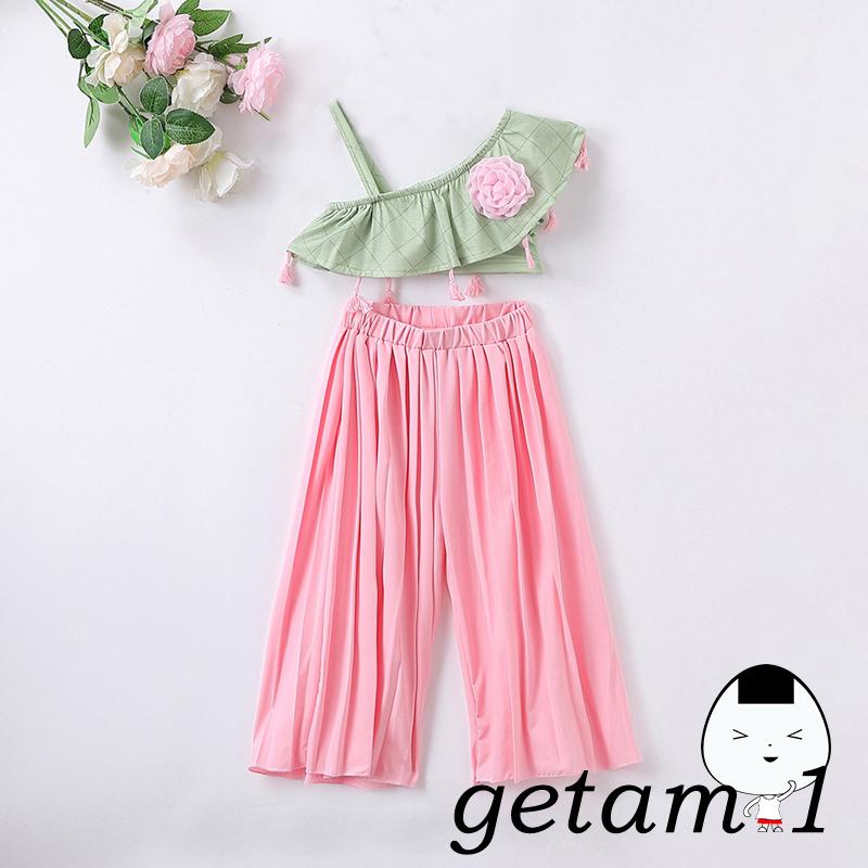 Set Đồ Mùa Hè 2 Món Gồm Áo Lệch Vai + Quần Ống Rộng Màu Hồng Cho Bé Gái