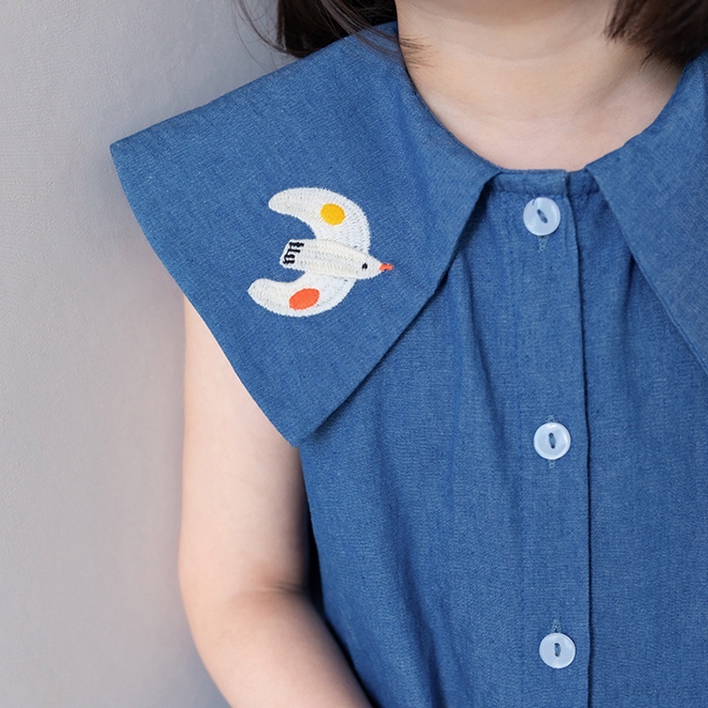 Đầm Denim Cổ Bẻ Thêu Họa Tiết Hoạt Hình Dễ Thương Thời Trang Mùa Hè Cho Bé Gái 3-8 Tuổi