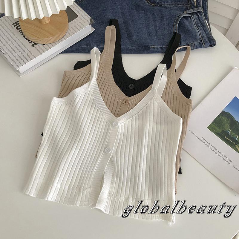 Áo Hai Dây Dệt Kim Mỏng Cổ Chữ V Cài Nút Thời Trang Mùa Hè Cho Nữ