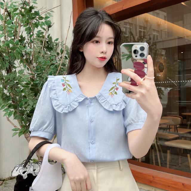 Áo Sơ Mi Ngắn Tay Cổ Chữ U Thêu Họa Tiết Thời Trang Mùa Hè Mới Cho Nữ