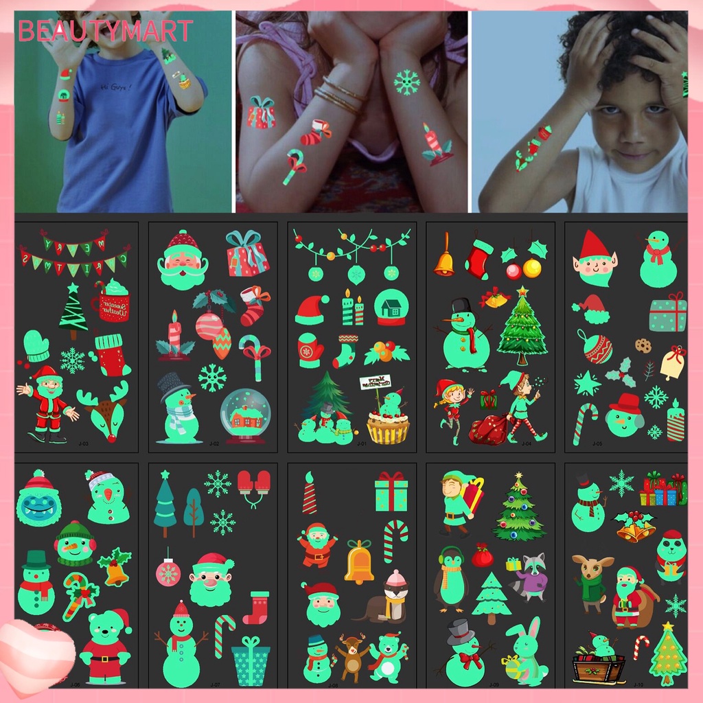 Set 10 Miếng Dán Hình Xăm Phát Quang Họa Tiết Giáng Sinh Dễ Thương Dành Cho Trẻ Em