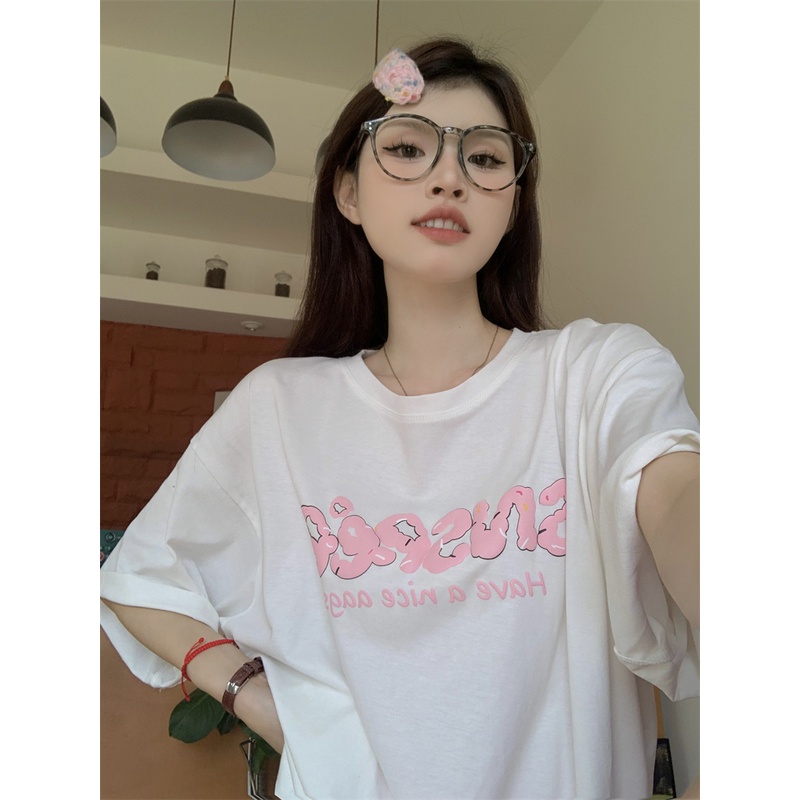 Áo Thun Dáng Rộng In Chữ Phong Cách Cổ Điển Thời Trang Mùa Hè Xinh Xắn