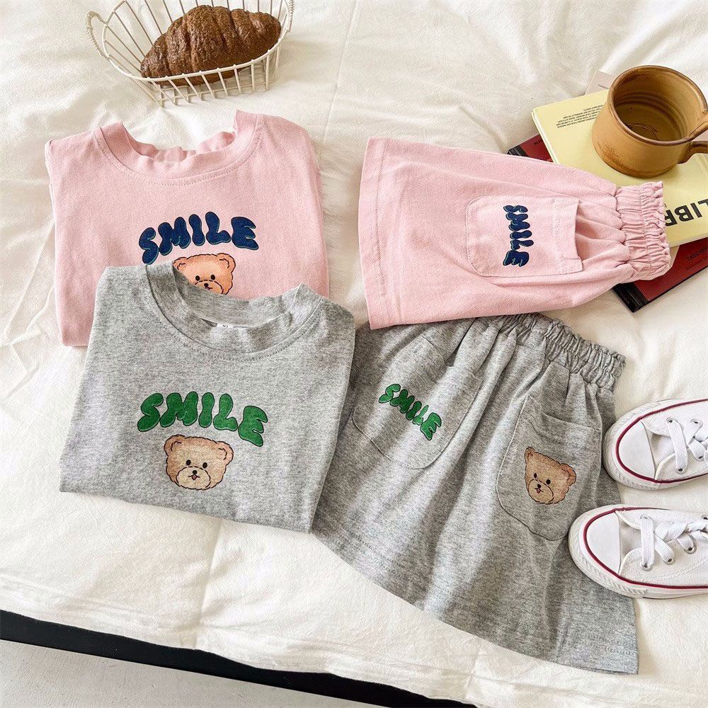 Bộ Áo Thun Tay Ngắn Kèm Chân Váy Họa Tiết Hoạt Hình Phong Cách Hàn Quốc Cho Bé Gái 80-130cm