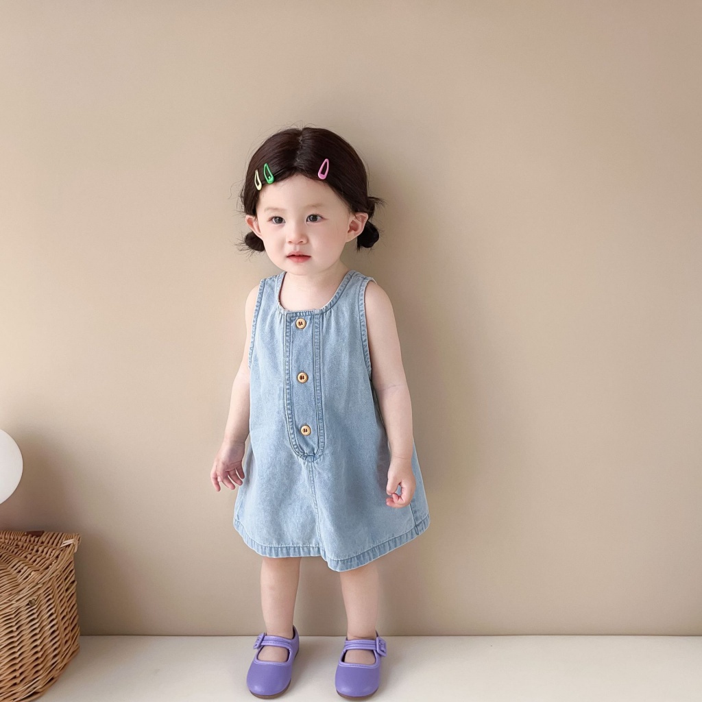 Đầm Denim Sát Nách Mềm Mại Phong Cách Hàn Quốc Thời Trang Mùa Hè Cho Bé Gái 6SCB