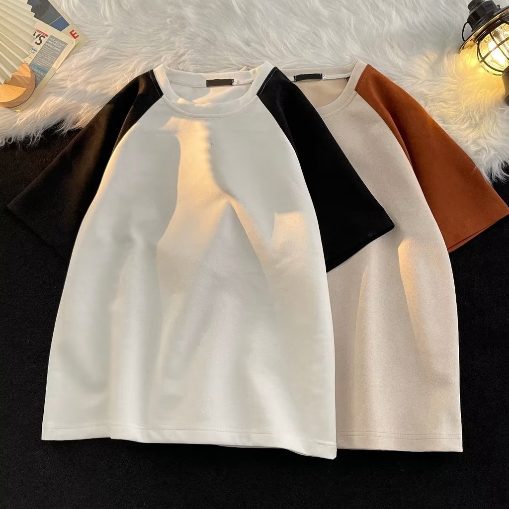 Áo Thun Da Lộn Tay Ngắn Dáng Rộng Màu Sắc Tương Phản Thời Trang Mùa Hè Cho Cặp Đôi