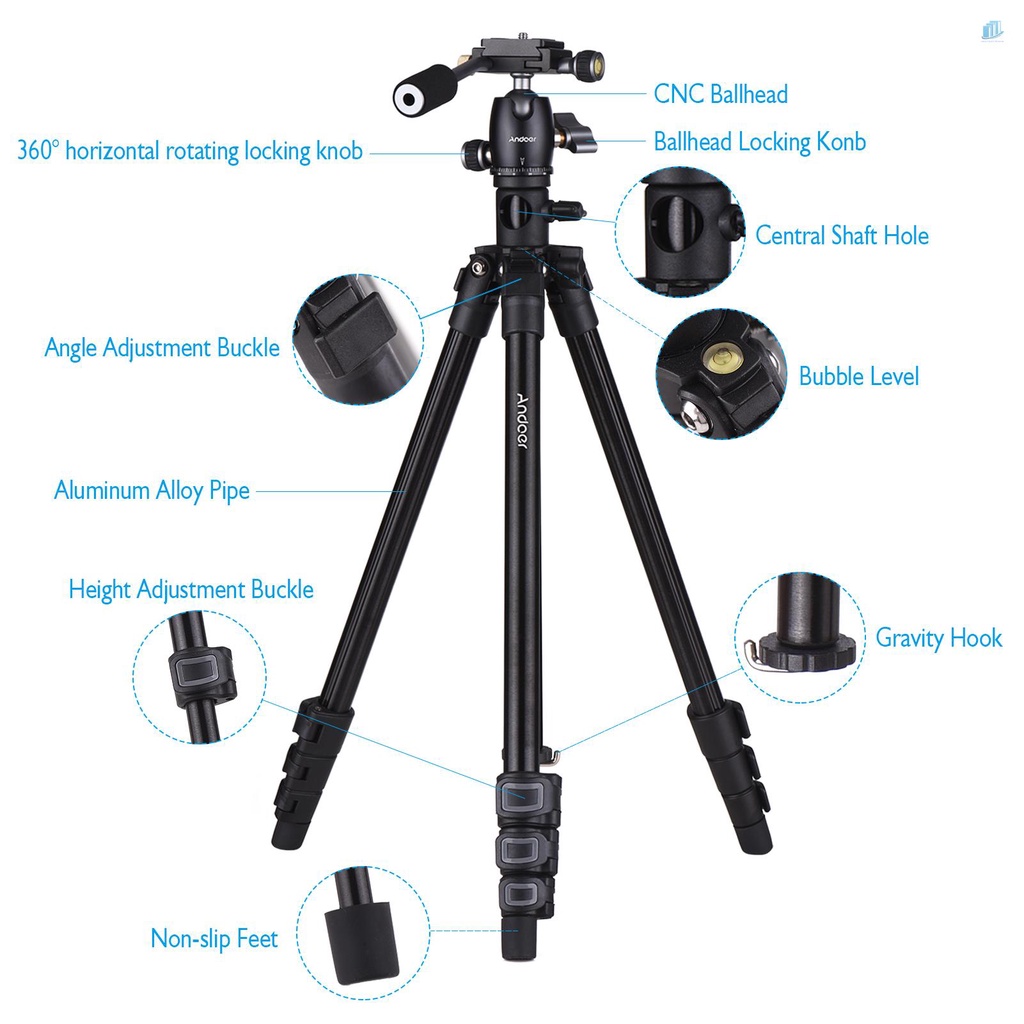 ANDOER Giá Đỡ Ba Chân Bằng Hợp Kim Nhôm 154cm / 60.6in Max. Phụ Kiện Tăng Chiều Cao 360 Độ 360 Độ Tiện Dụng° Đầu Bi Xoay 5kg / 11lbs Chịu Tải Có Thể Xoay Được Làm Thủ Công