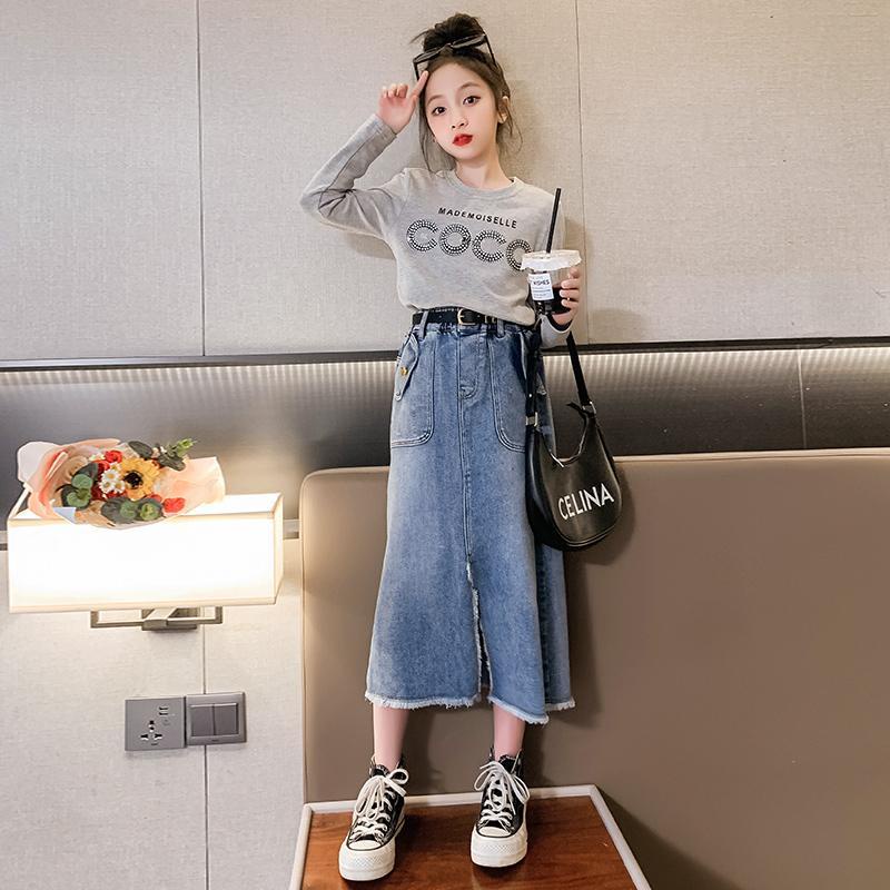Bộ Áo Tay Dài Phối Chân Váy Denim Thời Trang Mới Cho Bé Gái 5-6 - 7-8 - 9-10 - 11-12 - 13-14 - 15 Tuổi 2023