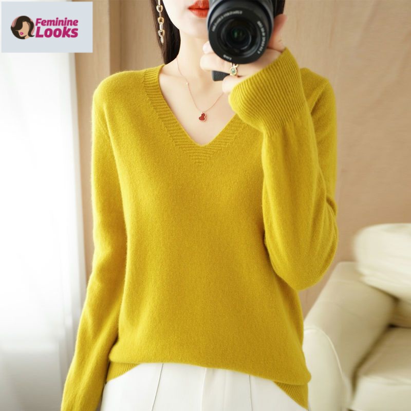 Áo Sweater Tay Dài Cổ Chữ V Màu Sắc Đơn Giản Cho Nữ