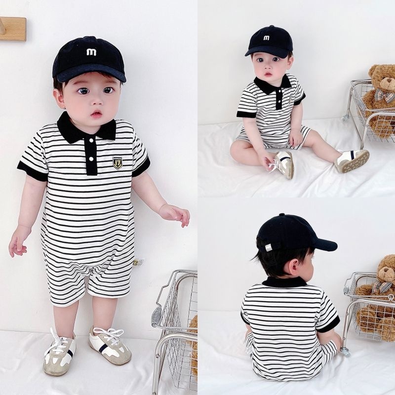 Bộ Áo Liền Quần Polo Bằng Cotton Tay Ngắn Họa Tiết Kẻ Sọc Thời Trang Mùa Hè Hàn Quốc Dành Cho Bé Sơ Sinh 0-2 Tuổi