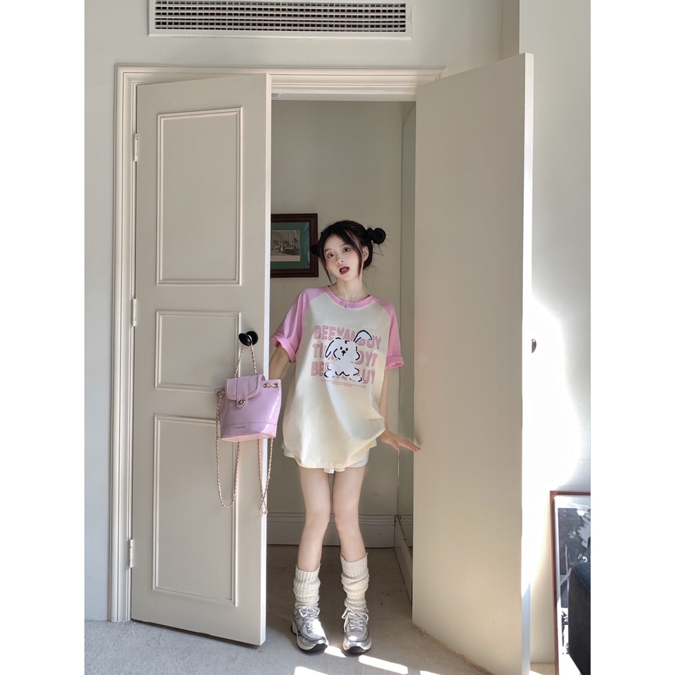 Áo Thun Tay Ngắn Cổ Tròn In Hình Thỏ Nhỏ Dễ Thương Phối Màu Phong Cách Cổ Điển Thời Trang Cho Nữ