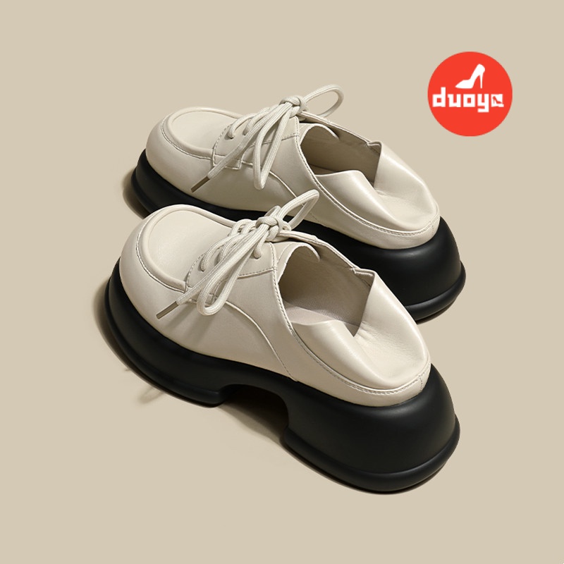 Duoya Tóc Thẳng ~ [Hàng Có Sẵn] Giày Da Mũi Tròn Buộc Dây Dày Dặn Phong Cách Anh Quốc Mùa Thu Dễ Phối Đồ Cho Nữ Miễn Phí Vận Chuyển