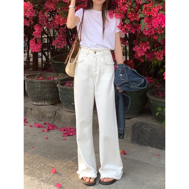 Quần jean SUXI ống rộng lưng cao viền tua rua thời trang mùa xuân cho nữ