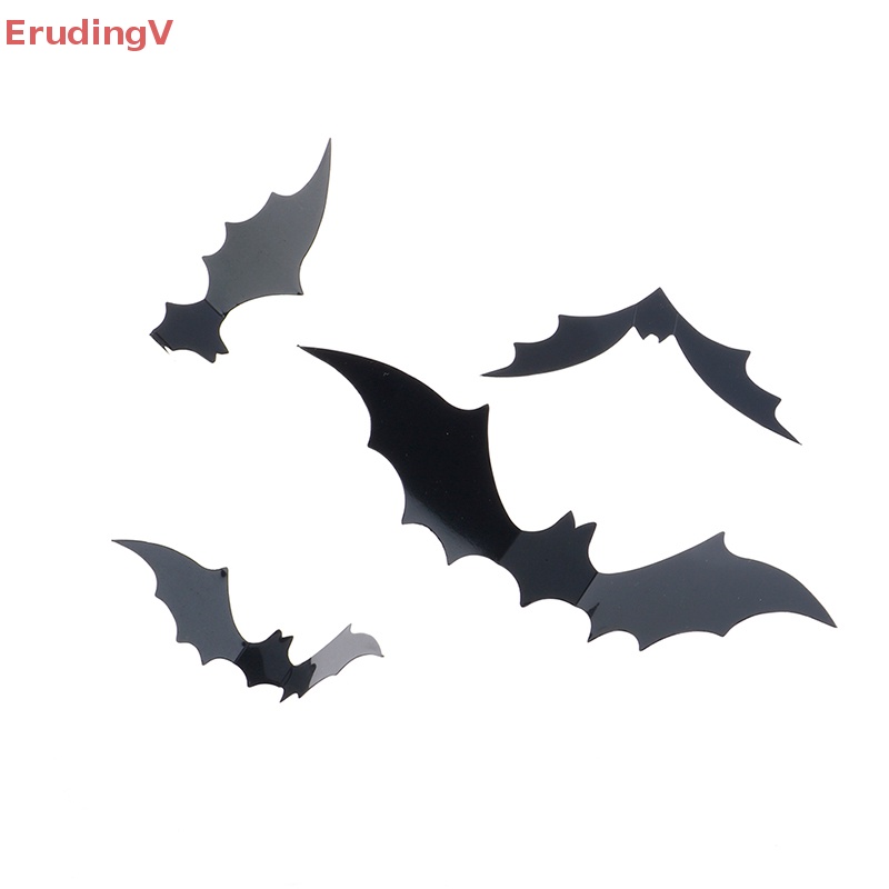 Bộ 12 Miếng Dán Tường Trang Trí Halloween Hình Dơi 3D Bằng PVC Màu Đen DIY