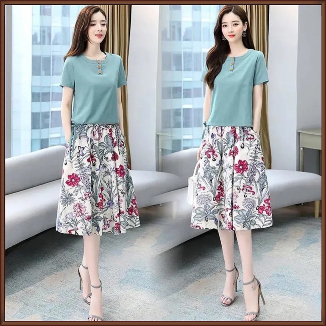 Bộ Trang Phục 2 Mảnh Áo Thun Tay Ngắn Cổ Tròn In Họa Tiết Hoa Phối Chân Váy Midi Thời Trang Cho Nữ