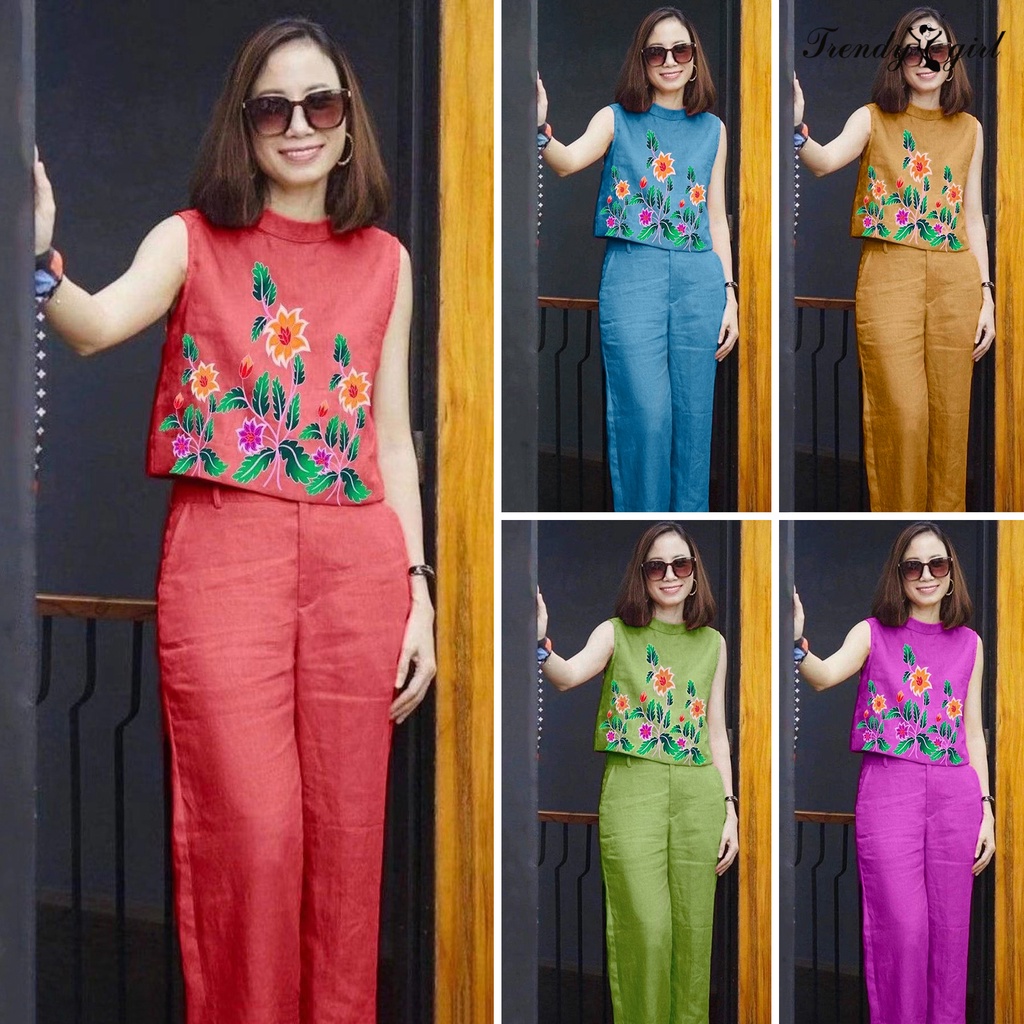 Set 2 Món Áo Cổ Tròn Không Tay Phối Quần Dài Lưng Thun Ống Rộng In Hoa Thời Trang Cho Bạn Gái tl.1 5.8