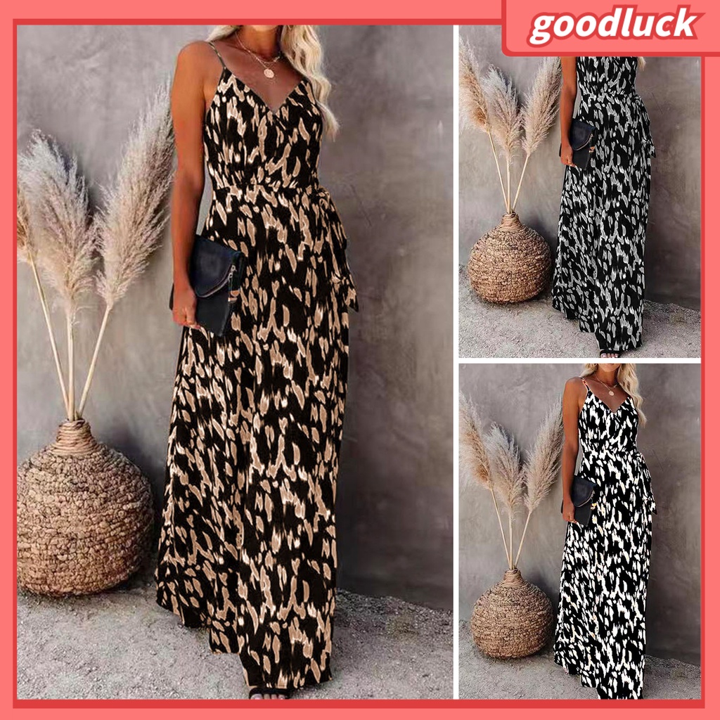 [ULK] Đầm Hai Dây Cổ Chữ V Họa Tiết Ngựa Vằn Hở Lưng Xẻ Tà Ôm Eo Gợi Cảm Cho Nữ