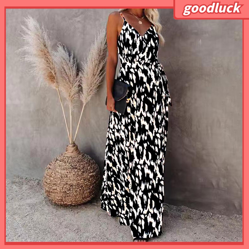 [ULK] Đầm Hai Dây Cổ Chữ V Họa Tiết Ngựa Vằn Hở Lưng Xẻ Tà Ôm Eo Gợi Cảm Cho Nữ