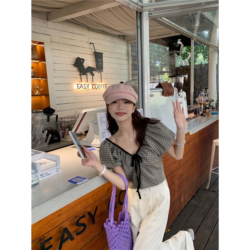 Áo Sơ Mi Ngắn Tay Trễ Vai Cổ Chữ V Họa Tiết Sọc Caro Thời Trang Mùa Hè Cho Nữ