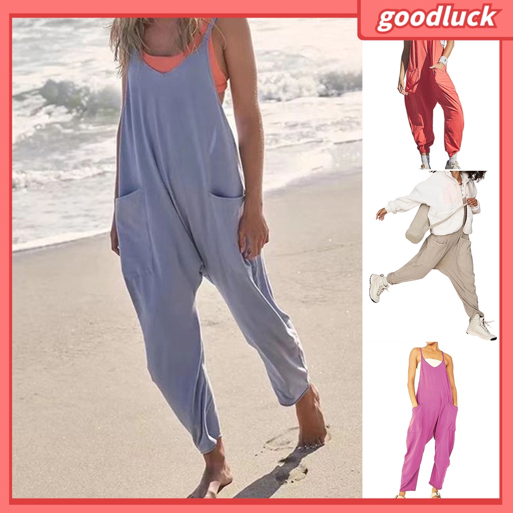 Bộ Áo Liền Quần Dài Dáng Rộng Không Tay Màu Trơn Có Túi Và Khóa Kéo Sau Lưng Thời Trang Mùa Hè Cho Nữ