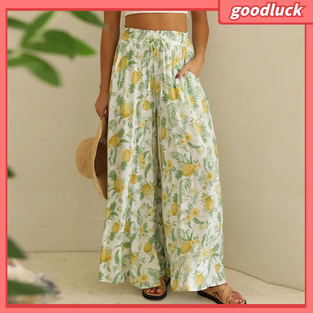 [ULK] Quần Ống Rộng Lưng Thun Co Giãn Không Phai Chất Liệu Polyester Nhẹ Thoáng Khí In Hình Quả Dứa Dành Cho Nữ
