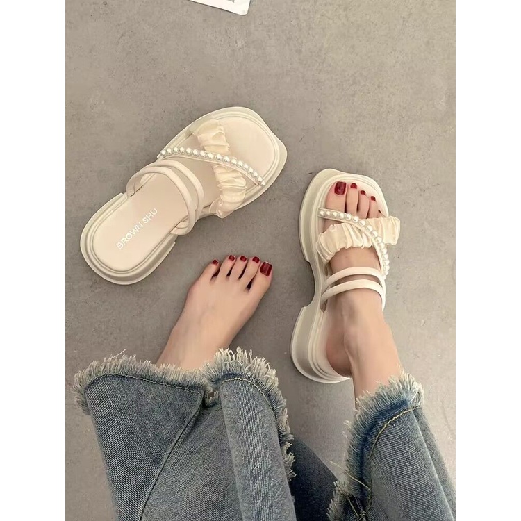 Dép gót đúp 5 cm quai nhúng sandan Ngọc thắt nơ xinh xắn dép đế cao 23Z23060107