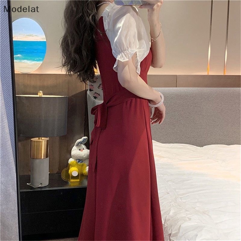 Đầm Midi Cổ Vuông Tay Ngắn Cột Dây Đính Hạt Ngọc Trai Thời Trang Mùa Hè Xinh Xắn Cho Nữ