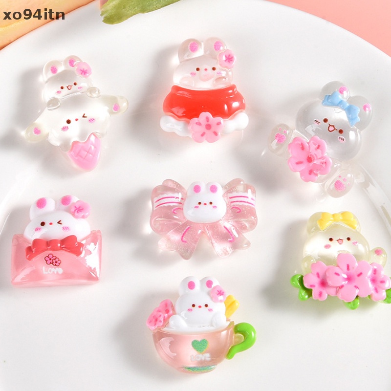 Set 10 Phụ Kiện Trang Trí Bánh Kem / Điện Thoại Hình Thỏ / Hoa Mini Bằng Nhựa Resin DIY